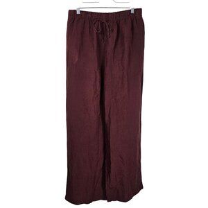 H&M Linen Wide-Leg Pants L Pull On Burgundy High Waist Coastal Lagenlook Scandi